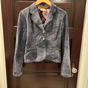 June Blue Suede Blazer Jacket with Velvet Trim